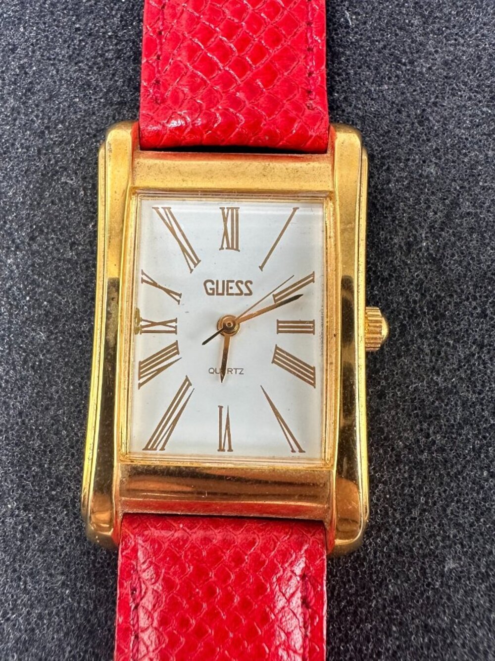 Vintage Guess Watch Womens Gold Tone Rectangle Red Leather Band New Battery 9"